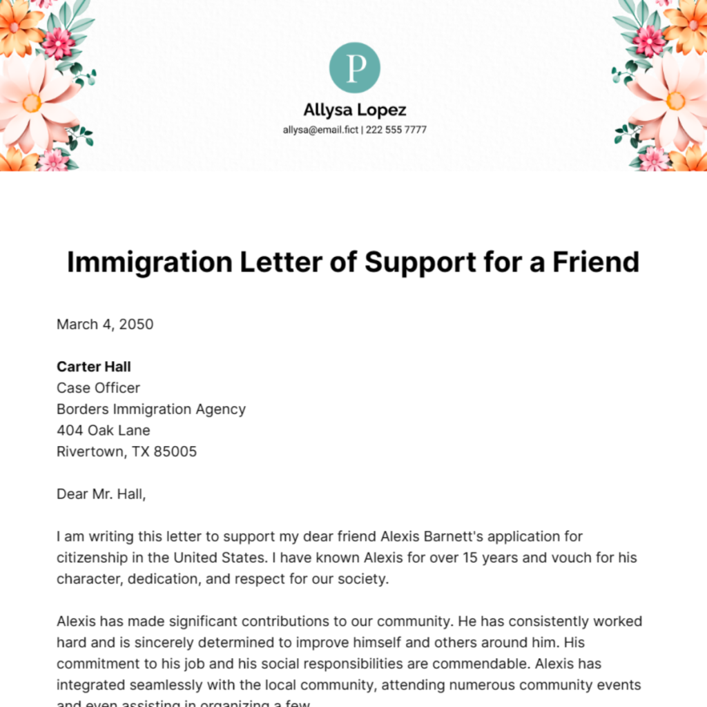 Immigration Reference Letter for a Friend